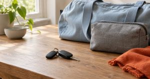 やわらかな自然光が差す木の机に、無地の車のキー、淡い青の布製バッグ、グレーのポーチを整えた、旅の終わりを感じる写真風の静物(イメージ)