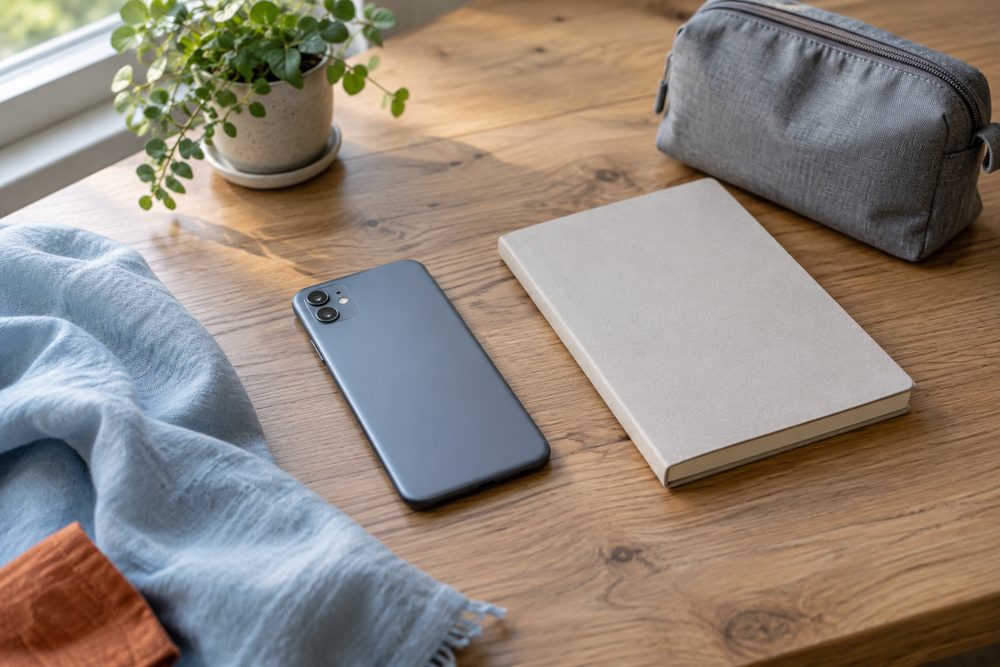 木の机に、画面を下に伏せた特定の製品を連想させない簡素なスマートフォンと、無地の閉じたノート、グレーの布ポーチを置いた写真風の静物（イメージ）